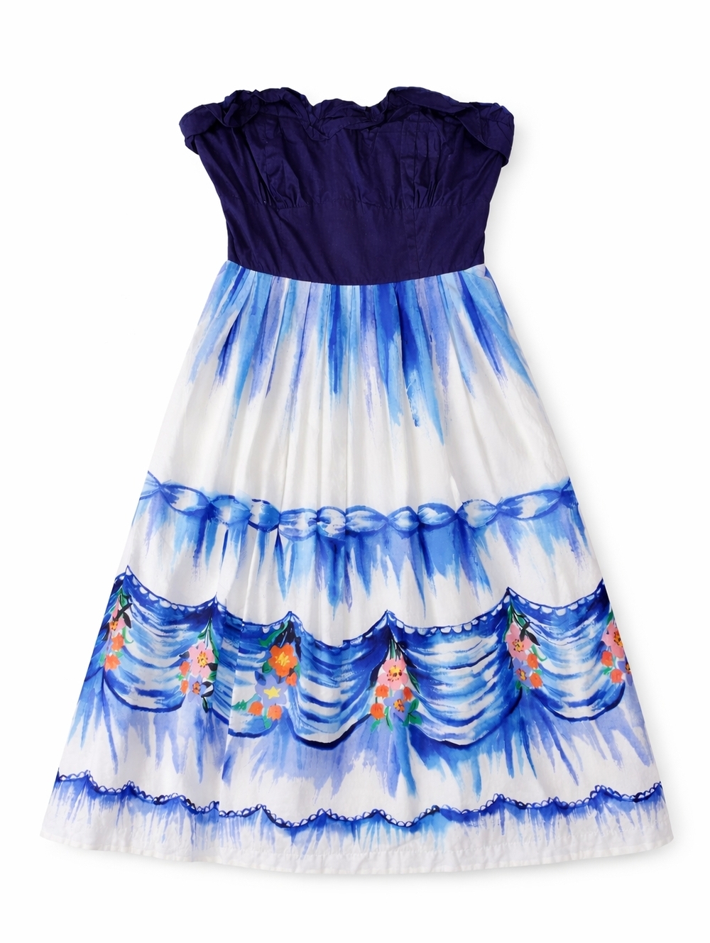 Nathalie Lete Paris Strapless Navy Blue White Floral Accents Ruffle Trim Dress